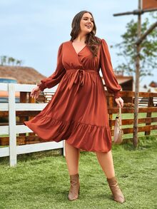 SHEIN Clasi Vestido con cinturón de cuello cruzado bajo con fruncido - Naranja Quemada - Ver 4