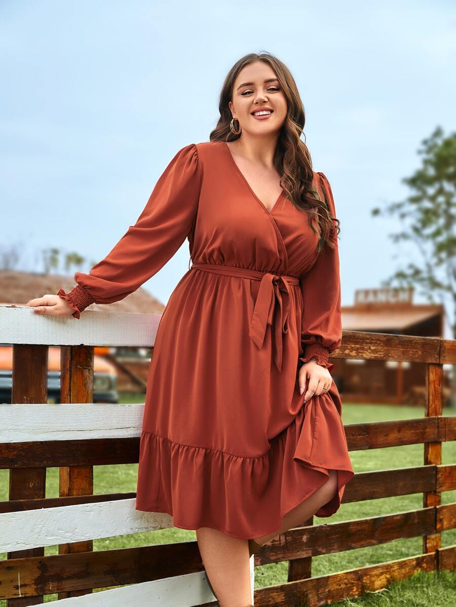 SHEIN Clasi Vestido con cinturón de cuello cruzado bajo con fruncido - Naranja Quemada - Ver 1