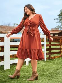 SHEIN Clasi Vestido con cinturón de cuello cruzado bajo con fruncido - Naranja Quemada - Ver 5