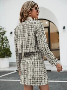 SHEIN Privé 格紋印花開門襟夾克和半身裙 - 黑色 - 查看 2