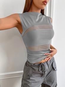 SHEIN ICON Mesh Insert Tank Top - Grey - View 3