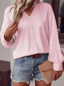 SHEIN Essnce Solid Notched Neckline Raglan Sleeve Blouse - Pink - View 1