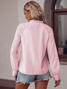 SHEIN Essnce Solid Notched Neckline Raglan Sleeve Blouse - Pink - View 2