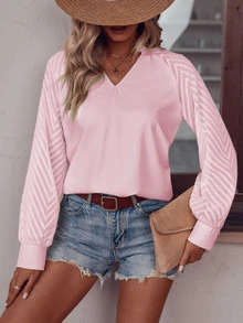 SHEIN Essnce Solid Notched Neckline Raglan Sleeve Blouse - Pink - View 4
