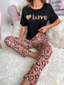 Conjunto de pijama con estampado de corazón y letra - Multicolor - Ver 1
