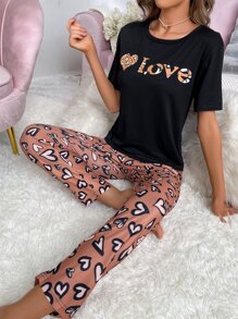 Conjunto de pijama con estampado de corazón y letra - Multicolor - Ver 3