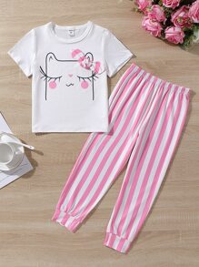 Girls Cartoon And Striped Print Bow Front PJ Set - Multicolor - View 1