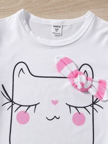 Girls Cartoon And Striped Print Bow Front PJ Set - Multicolor - View 4