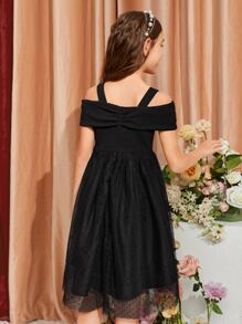 SHEIN Tween Girl Cold Shoulder Twist Front Dobby Mesh Overlay Dress - Black - View 2