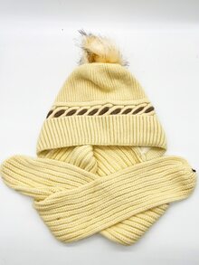 Pom Pom Decor Beanie With Scarf - Apricot - View 2