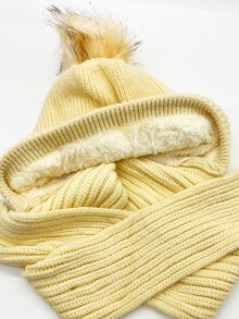 Pom Pom Decor Beanie With Scarf - Apricot - View 4