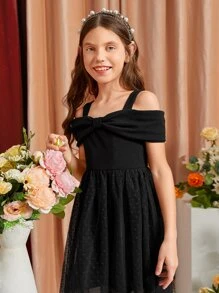 SHEIN Tween Girl Cold Shoulder Twist Front Dobby Mesh Overlay Dress - Black - View 6