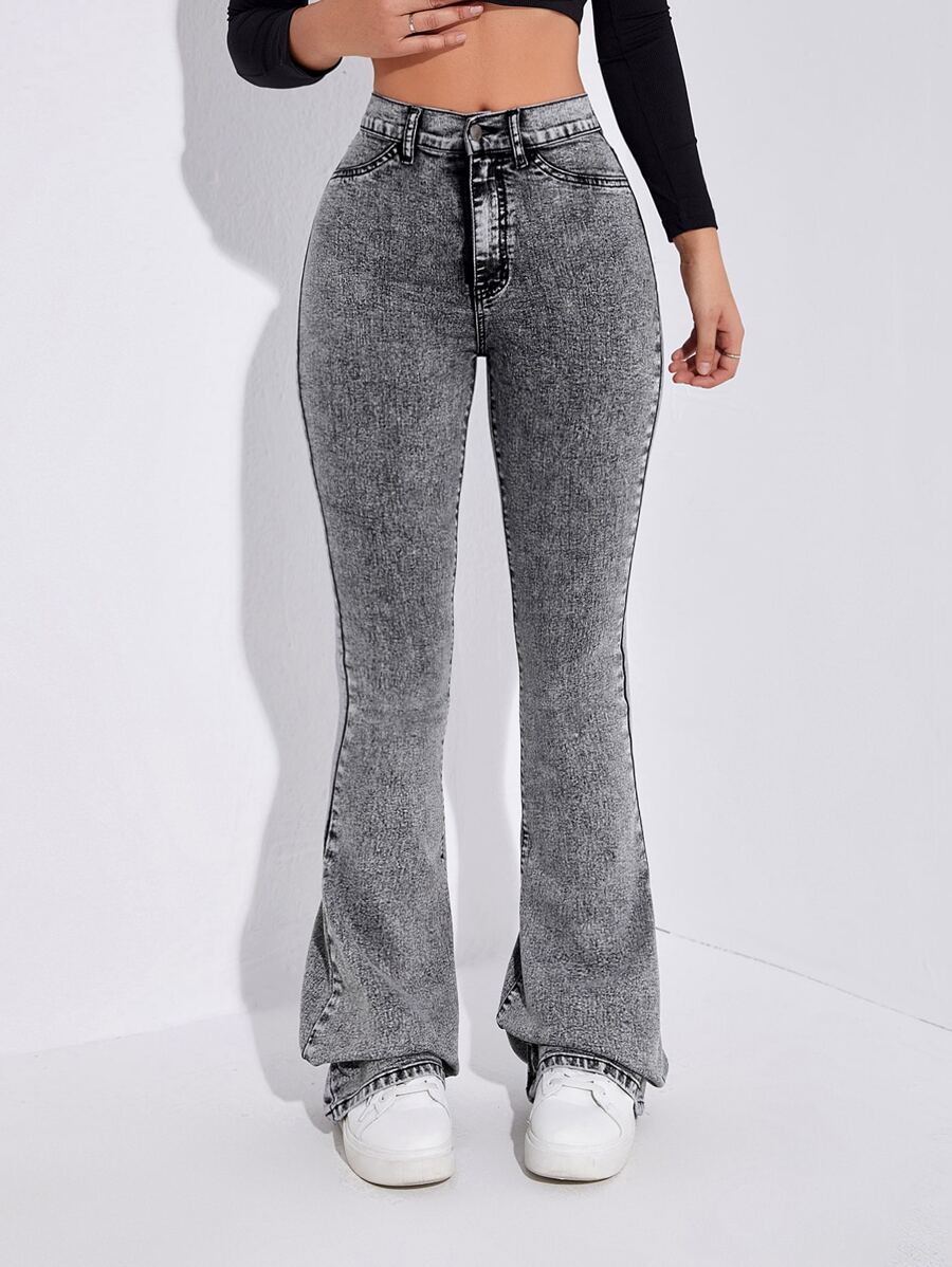 SHEIN EZwear Curvy High Waist Flare Leg Jeans - Grey - View 1