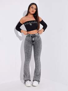 SHEIN EZwear Curvy High Waist Flare Leg Jeans - Grey - View 3