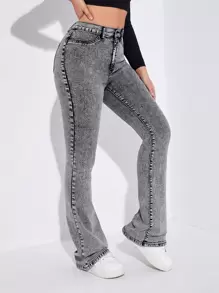 SHEIN EZwear Curvy High Waist Flare Leg Jeans - Grey - View 5
