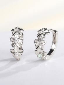 方晶鋯石和花朵裝飾圓耳環 - 銀色 - 查看 2