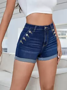 SHEIN Essnce 高腰紐扣細節卷邊牛仔短褲 - 深色水洗藍 - 查看 4