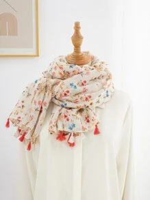 Ditsy Floral Print Tassel Decor Scarf - Multicolor - View 1