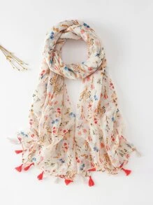 Ditsy Floral Print Tassel Decor Scarf - Multicolor - View 4