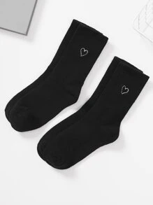2雙女式心形刺繡休閒中筒襪適合日常生活 - 黑色 - 查看 1