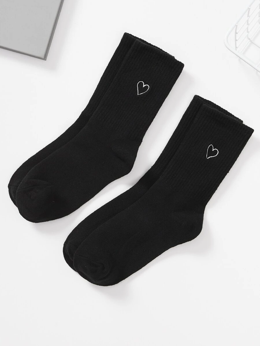 2雙女式心形刺繡休閒中筒襪適合日常生活 - 黑色 - 查看 1