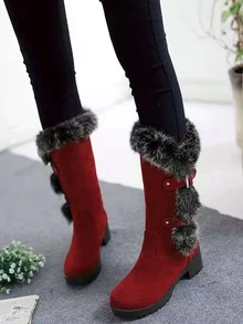 Buckle Decor Fuzzy Trim Faux Suede Riding Boots