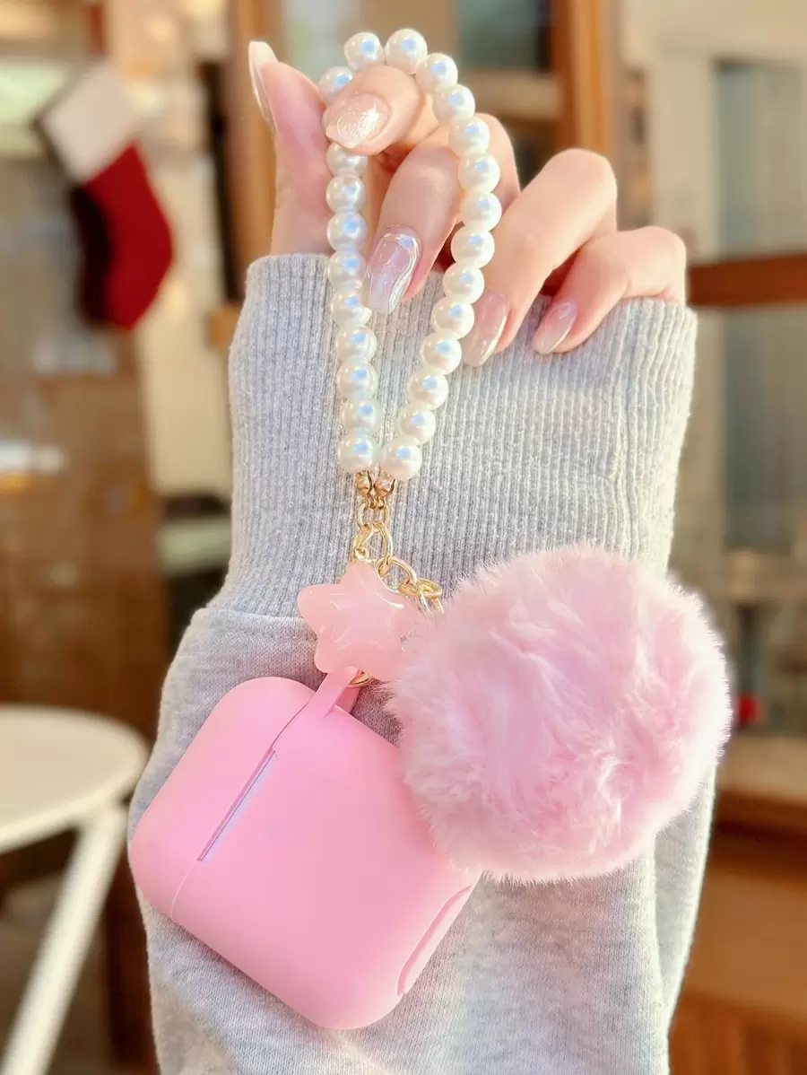 Valentines Pink Star & Pom Pom Decor Earphone Case Compatible With Airpods Compatible With Airpods1/2 AirPods Pro Kawaii