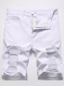 Manfinity EMRG Hombres Rasgado Con Flecos Pantalones Cortos De Mezclilla De Borde Crudo - Blanco - Ver 1