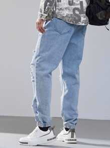 Manfinity Roghcode 男士破洞蘿蔔牛仔褲 - 淺色水洗藍 - 查看 2