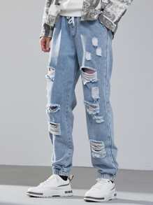 Manfinity Roghcode 男士破洞蘿蔔牛仔褲 - 淺色水洗藍 - 查看 3