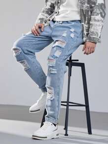 Manfinity Roghcode 男士破洞蘿蔔牛仔褲 - 淺色水洗藍 - 查看 4