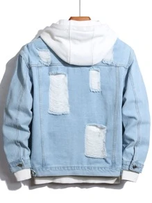 Manfinity Men Ripped Frayed Denim Jacket Without Hoodie - Light Wash - View 2