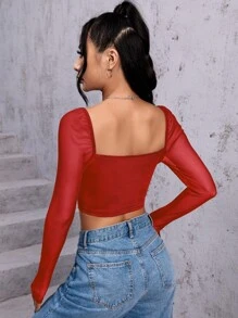 SHEIN Privé 雞心領口前扭結短款上衣 - 紅色 - 查看 2