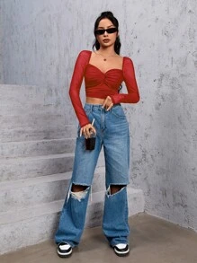 SHEIN Privé 雞心領口前扭結短款上衣 - 紅色 - 查看 3