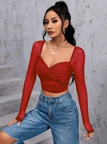 SHEIN Privé 雞心領口前扭結短款上衣 - 紅色 - 查看 4