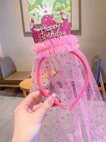 1入組皇冠和頭紗裝飾派對髮箍 - 玫紅色 - 查看 2