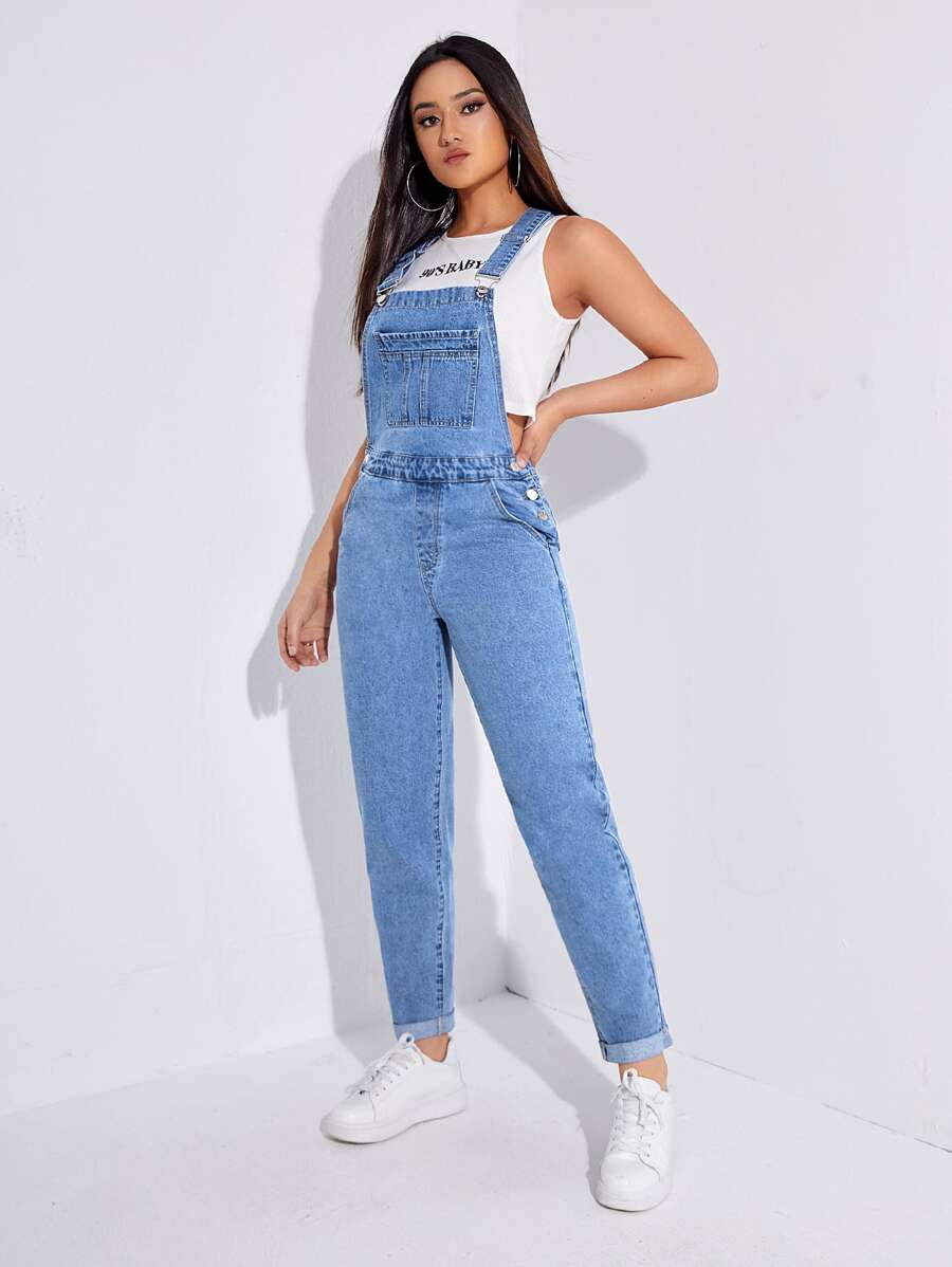 Pocket Front Roll Up Hem Denim Dungarees - Medium Wash - View 1