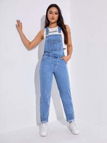 Pocket Front Roll Up Hem Denim Dungarees - Medium Wash - View 3