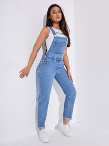 Pocket Front Roll Up Hem Denim Dungarees - Medium Wash - View 4