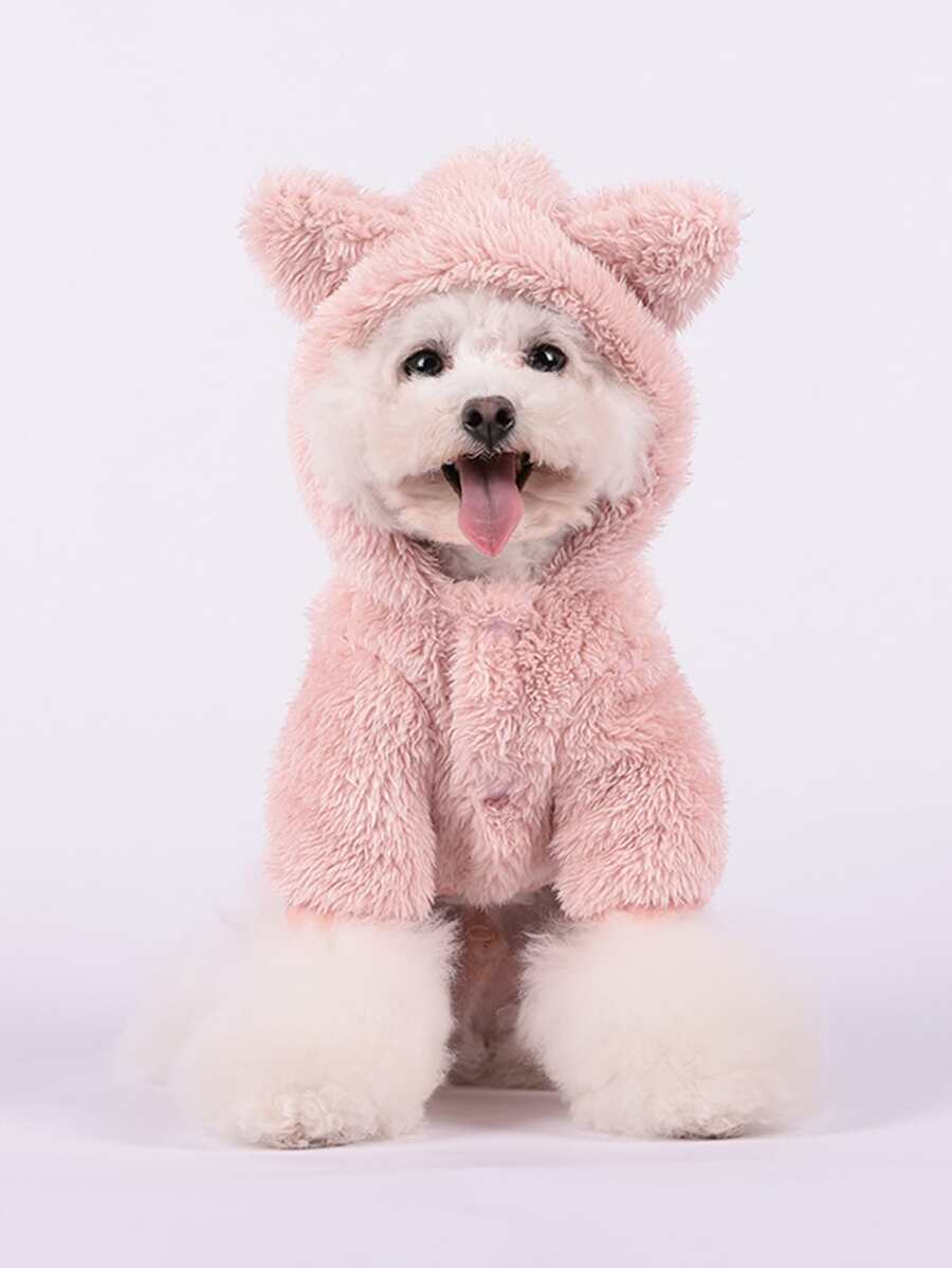 Cartoon Ear Decor Hooded Pet Coat - Pink - View 1