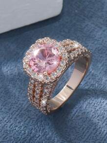 Anillo zirconia cúbica con diseño de cuadro - Rosa - Ver 1