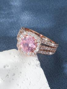 Anillo zirconia cúbica con diseño de cuadro - Rosa - Ver 2