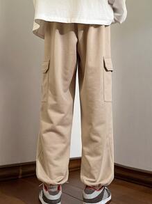 Manfinity Men Letter Patched Detail Flap Pocket Side Drawstring Waist Joggers - Khaki - View 2