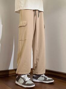 Manfinity Men Letter Patched Detail Flap Pocket Side Drawstring Waist Joggers - Khaki - View 6