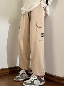 Manfinity Men Letter Patched Detail Flap Pocket Side Drawstring Waist Joggers - Khaki - View 5