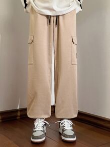 Manfinity Men Letter Patched Detail Flap Pocket Side Drawstring Waist Joggers - Khaki - View 3