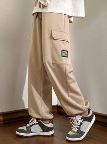 Manfinity Men Letter Patched Detail Flap Pocket Side Drawstring Waist Joggers - Khaki - View 1