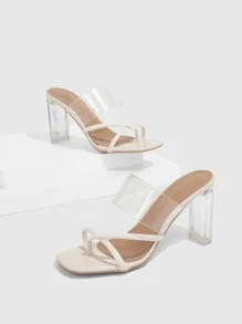 Women Clear Strap Toe Post Chunky Heeled Sandals, Fashion Summer Thong Sandals - White - View 4