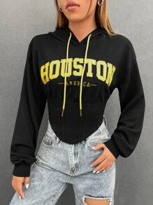 SHEIN Coolane Embroidery Letter Pattern Drop Shoulder Drawstring Hoodie - Black - View 1