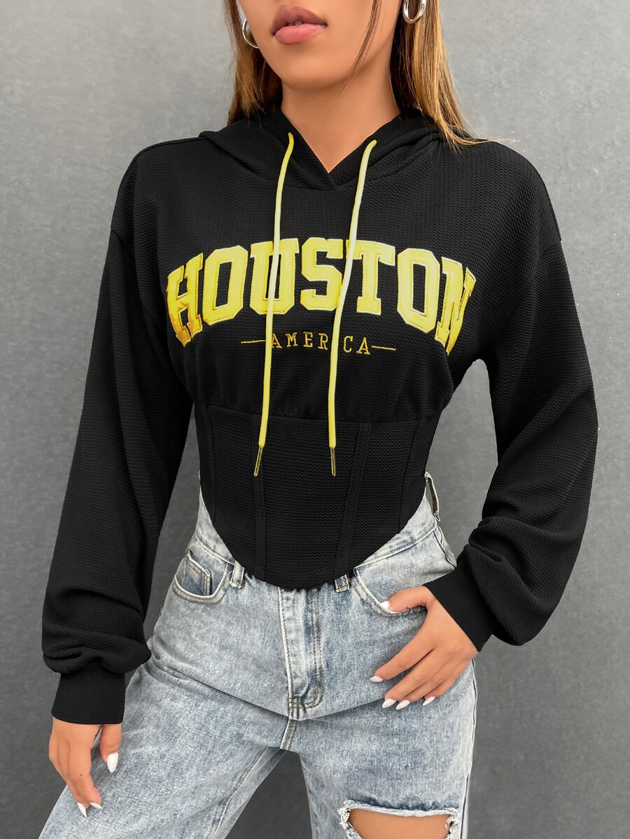 SHEIN Coolane Embroidery Letter Pattern Drop Shoulder Drawstring Hoodie - Black - View 1